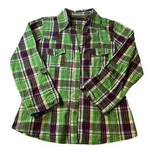 Helium London Boys M Green Plaid Western Button Up Long Sleeve Shirt